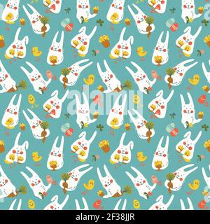 Happy easter blue seamless pattern with cute rabbits carrots chickens flowers and eggs doodle vector illustration Stock Vector
