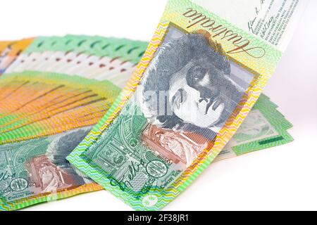 One hundred Australian dollar (AUD) banknotes on white background Stock Photo