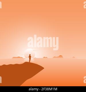 woman standing on the beach at sunset with orange gradient shade illustration vector Stock Vector
