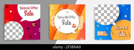 Three set of sale square banner. Abstract gradient modern geometric design style template. Suitable for advertising and promotion in social media post Stock Vector