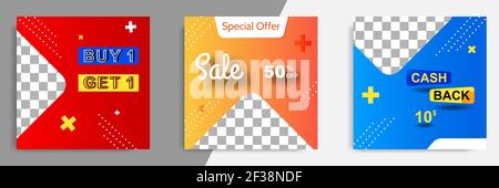 Three set of sale square banner. Abstract gradient modern geometric design style template. Suitable for advertising and promotion in social media post Stock Vector