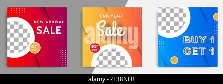 Three set of sale square banner. Abstract gradient modern geometric design style template. Suitable for advertising and promotion in social media post Stock Vector