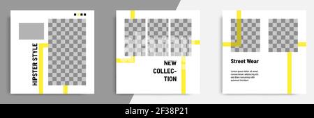 Minimal / minimalist square geometric banner template for social media post. Black, yellow and white background color. Stock Vector