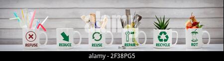 Zero Waste management, illustrated in 6 mugs with relevant contents. Refuse, reduce, recycle, repair, reuse, rot. Eco lifestyle, sustainable living an Stock Photo
