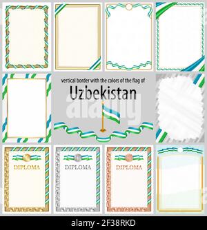 Set of vertical frames and borders in the colors of the flag of Uzbekistan, template elements for your certificate and diploma. Vector. Stock Vector