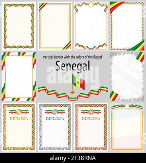 Set of vertical frames and borders in the colors of the flag of Senegal, template elements for your certificate and diploma. Vector. Stock Vector