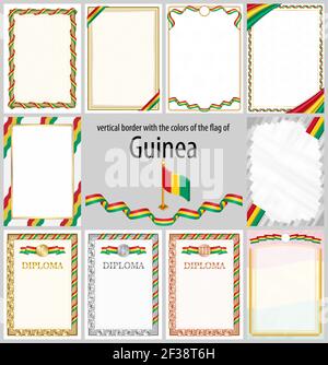 Set of vertical frames and borders in the colors of the flag of Guinea, template elements for your certificate and diploma. Vector. Stock Vector