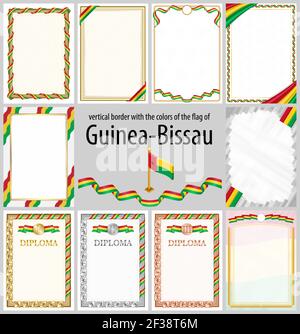 Set of vertical frames and borders in the colors of the flag of Guinea-Bissau, template elements for your certificate and diploma. Vector. Stock Vector