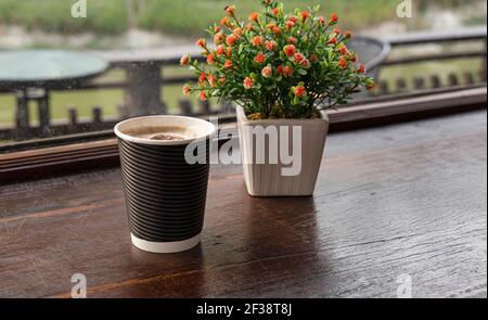 Hot coffee is placed on a wooden table with a flowerpot near the window. Stock Photo