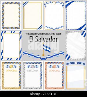 Set of vertical frames and borders in the colors of the flag of El Salvador, template elements for your certificate and diploma. Vector. Stock Vector