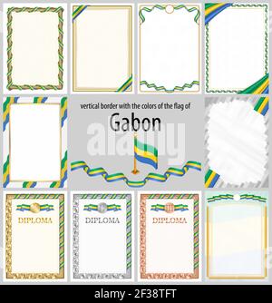 Set of vertical frames and borders in the colors of the flag of Gabon, template elements for your certificate and diploma. Vector. Stock Vector