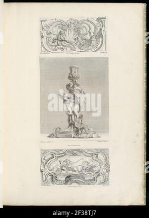 Print, Ornament Panel with Shell Fountain Flanked by Garlands and Volutes, pl. 22 in Oeuvre de Juste-Aurèle Meissonnier, 1748 Stock Photo