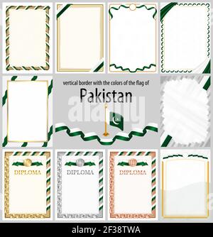 Set of vertical frames and borders in the colors of the flag of Pakistan, template elements for your certificate and diploma. Vector. Stock Vector