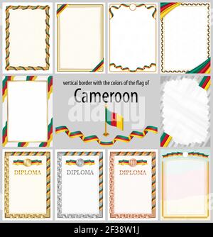 Set of vertical frames and borders in the colors of the flag of Cameroon, template elements for your certificate and diploma. Vector. Stock Vector