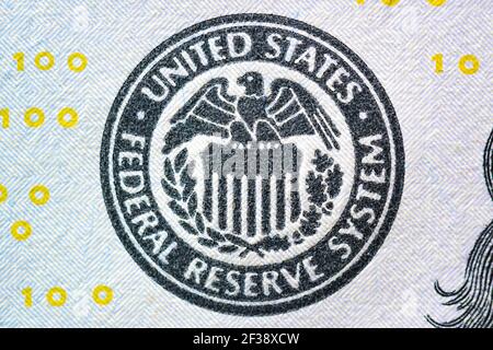 Seal of the Federal Reserve System on the us 100 dollar bill extreme ...