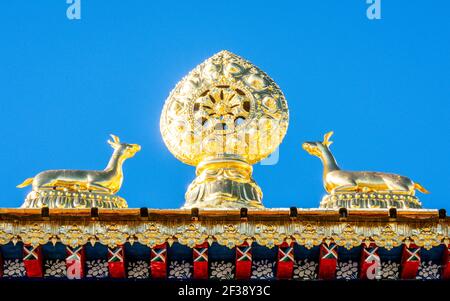 Dharmachakra or Dharma Wheel with two deer a Tibetan Buddhist sign on top of Songzanlin monastery over clear blue sky in Shangri-La Yunnan China Stock Photo