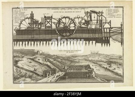 Print, The Machine de Marly- Section and Aerial View, ca. 1700 Stock Photo