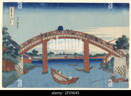 Print, Under Mannen Bridge at Fukagawa, from Thirty-Six Views of Fuji, ca. 1830 Stock Photo