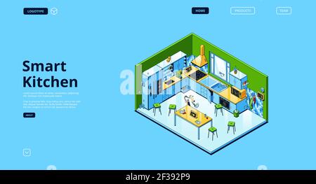 Smart kitchen isometric landing, iot technology Stock Vector