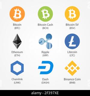 Nine popular cryptocurrency vector icons. Cryptocurrency symbols isolated on white background. Stock Vector