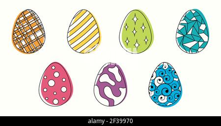 Vector bright set of colored Easter eggs line art. Isolated illustrations Stock Vector