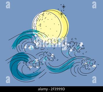 Vector illustration of line art sea waves at night and the moon. Outline with paint spots Stock Vector