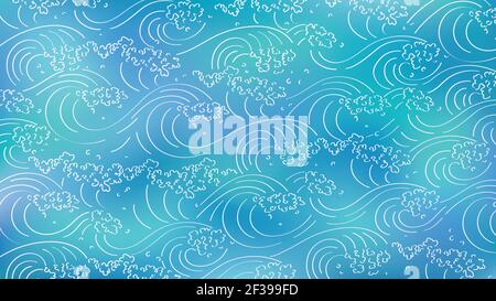 Watercolor vector blue background with white wave line art. Sea water spray Stock Vector