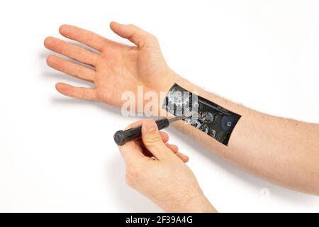Robot hand inside human hand - Prosthesis concept, repairing, isolated on white Stock Photo