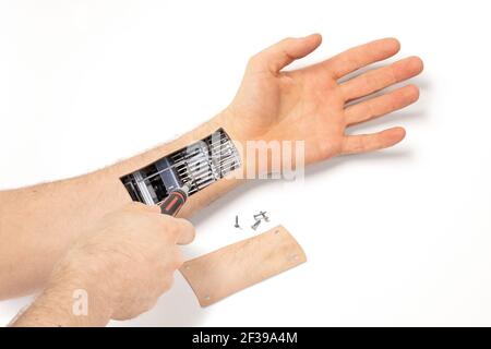 Robot hand inside human hand - Prosthesis concept, repairing, isolated on white Stock Photo