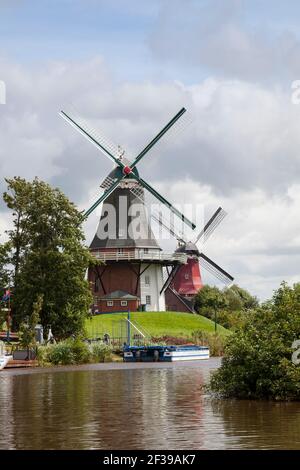 geography / travel, Germany, Lower Saxony, Eastern Friesland, Greetsiel, twin windmill, Additional-Rights-Clearance-Info-Not-Available Stock Photo