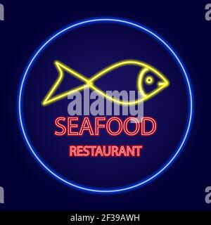 Seafood restaurant neon sign. Fish on background. Vector illustration in neon style for fish or seafood restaurant. Stock Vector