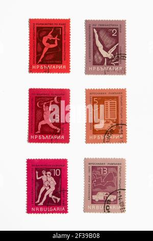 05.03.2021 Istanbul Turkey - Used and Cancelled Stamp. Vintage stamp printed in Bulgaria 1965 shows International Students Championship. Artistic Gymn Stock Photo