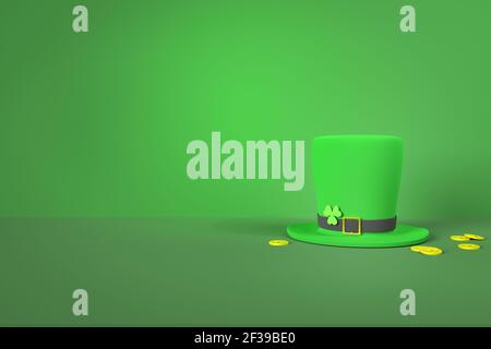 Background for st. Patrick's Day celebration with copy space,  green Leprechaun Hat and gold coins - 3d illustration Stock Photo