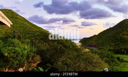 Scenic view towards Rodney Bay and Pigeon Island rom Flamboyant Villa in St. Lucia, Caribbean Stock Photo