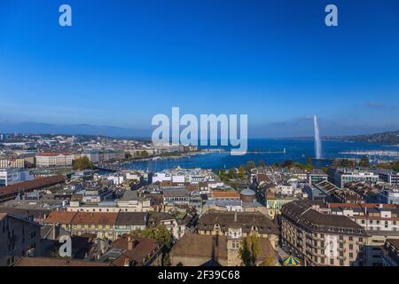 geography / travel, Switzerland, Geneva, city view with jet d'Eau and Genevan lake from the north towe, Additional-Rights-Clearance-Info-Not-Available Stock Photo