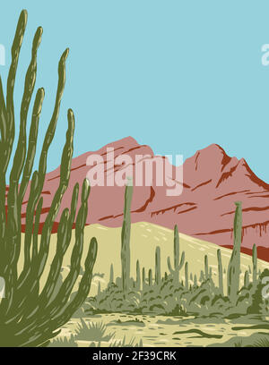 WPA poster art of the Organ Pipe Cactus National Monument and biosphere reserve located in Arizona that shares border with the Mexican state of Sonora Stock Vector