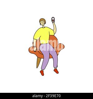 Beautiful attractive blond man holds phone in his hand. Pretty guy is recording video for blog. Stylish man takes a selfie. Vlog for subscribers Stock Vector