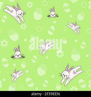 A cute seamless pattern with rabbits, flowers and easter eggs. Easter spring design with bunnies. Vector illustration Stock Vector