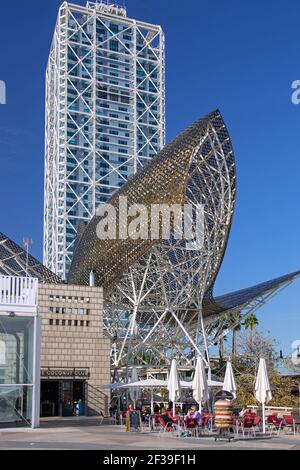 geography / travel, Spain, Barcelona, golden fish Peix d'Or of Frank O. Gehry and hotel Arts at Passei, Additional-Rights-Clearance-Info-Not-Available Stock Photo