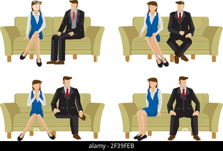 A set of Business man and woman sitting on the couch. Concept of relationship in the office. Vector illustration. Stock Vector