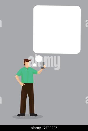 Man with a mobile phone with an empty thinking bubble. Flat isolated vector illustration. Stock Vector