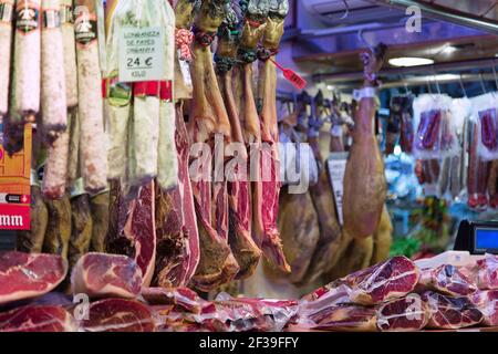 geography / travel, Spain, Barcelona, Mercat de La Boqueria, ham and salami, Additional-Rights-Clearance-Info-Not-Available Stock Photo