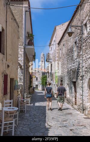 geography / travel, Greece, Peloponnes, laconically Mani, Areopoli, old town alley with tower of the T, Additional-Rights-Clearance-Info-Not-Available Stock Photo
