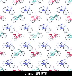 Cartoon kid bike seamless pattern for lifestyle design. Teenage bicycle - pink, blue, green. Stock Vector