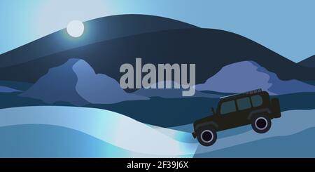 SUV car drives at night in mountains Stock Vector