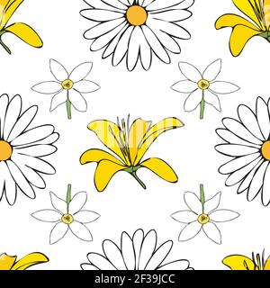 Vector white background white yellow lemony floral seamless pattern. Daisies, Lilies, Crocus. Seamless pattern background Stock Vector