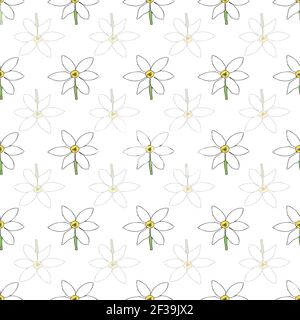 Vector white background white yellow lemony floral seamless pattern. Daisies, Lilies, Crocus. Seamless pattern background Stock Vector