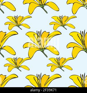 Vector blue background white yellow lemony floral seamless pattern. Daisies, Lilies, Crocus. Seamless pattern background Stock Vector
