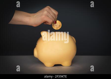 Crop unrecognizable female putting coin in yellow piggy bank while showing concept of investment and saving money