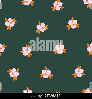 Seamless vector pattern Ditsy pansy flowers. Delicate pink small scattered flowers on a green background. Cute romantic Folk art flowers for fabric Stock Vector